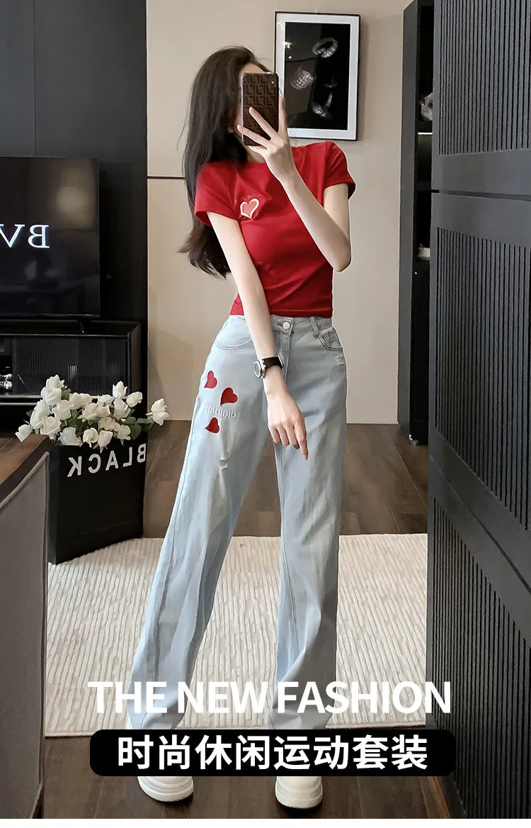 Fashion Fried Street Casual Suit Women's Summer  New European Goods Fashion Slimming High Straight Jeans Two-Piece Set