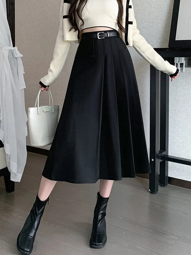 Fashionkova High Waist Pleated Long Skirt Women New Arrival 2023 Autumn Korean Style Solid Color Ladies Elegant A-line Skirts W1361