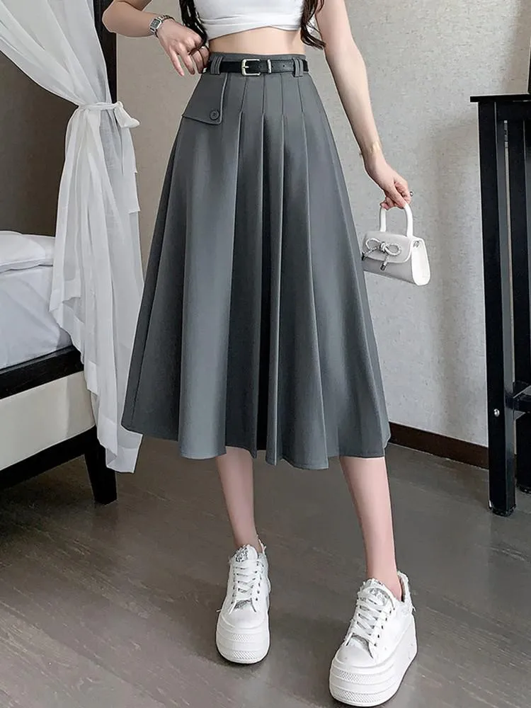 Fashionkova High Waist Pleated Long Skirt Women New Arrival 2023 Autumn Korean Style Solid Color Ladies Elegant A-line Skirts W1361