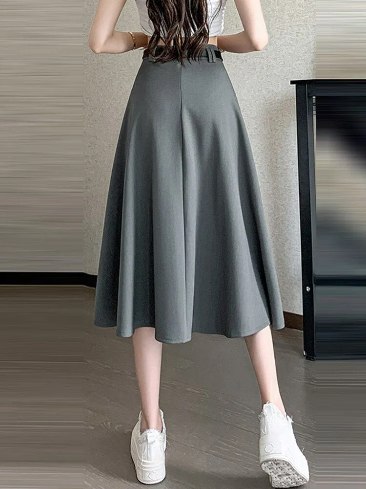 Fashionkova High Waist Pleated Long Skirt Women New Arrival 2023 Autumn Korean Style Solid Color Ladies Elegant A-line Skirts W1361