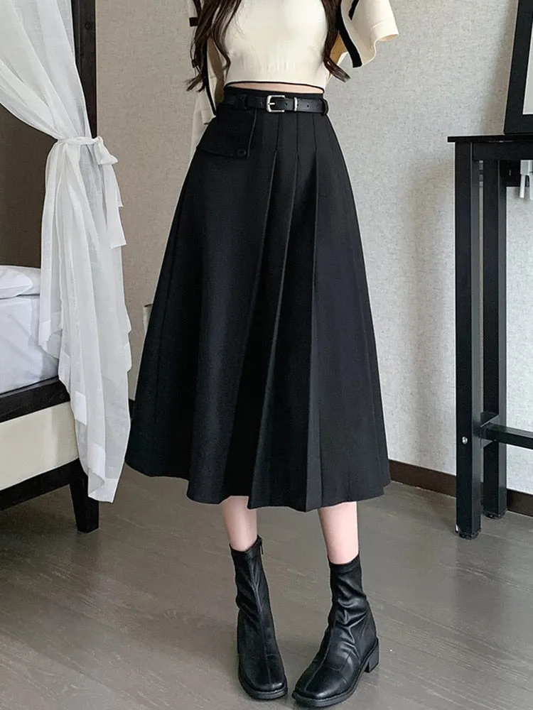 Fashionkova High Waist Pleated Long Skirt Women New Arrival 2023 Autumn Korean Style Solid Color Ladies Elegant A-line Skirts W1361