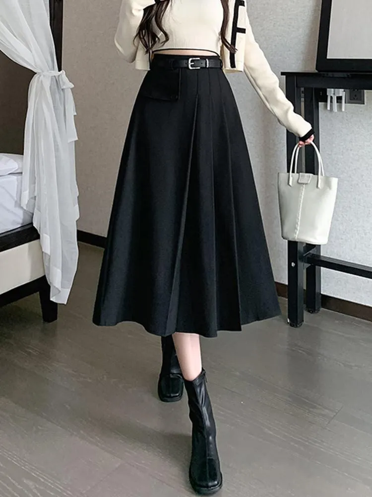 Fashionkova High Waist Pleated Long Skirt Women New Arrival 2023 Autumn Korean Style Solid Color Ladies Elegant A-line Skirts W1361