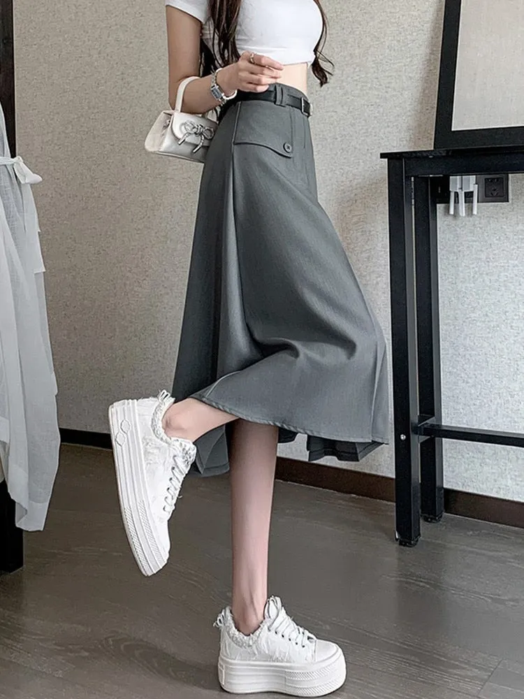 Fashionkova High Waist Pleated Long Skirt Women New Arrival 2023 Autumn Korean Style Solid Color Ladies Elegant A-line Skirts W1361