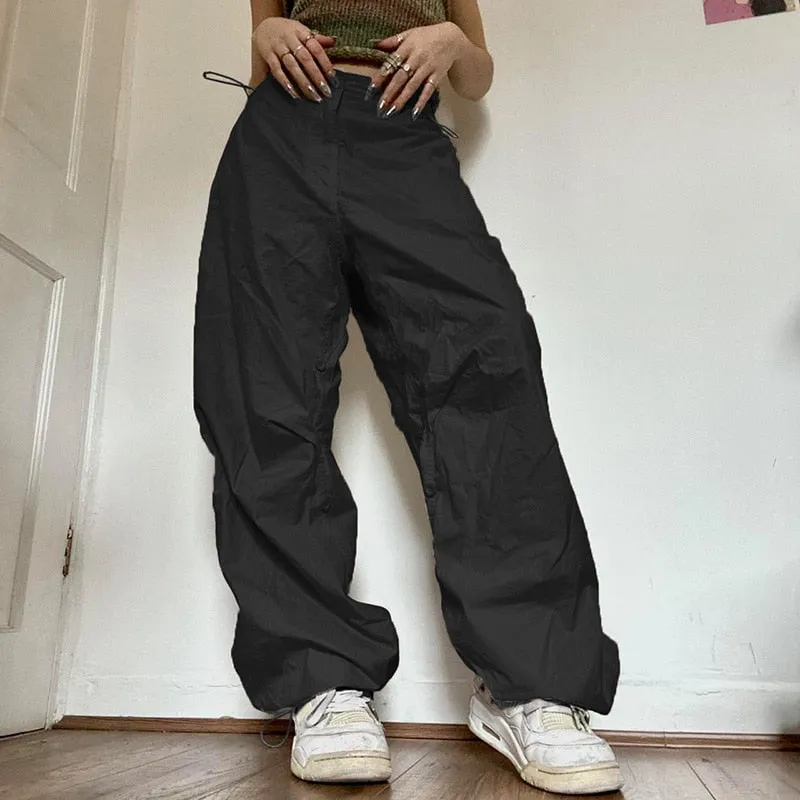 Fashionkova  Pocket Baggy Wide Leg Cargo Pants Women Low Waist Drawstring Sweatpants Joggers Casual Hippie Punk Trousers Harem Pants White