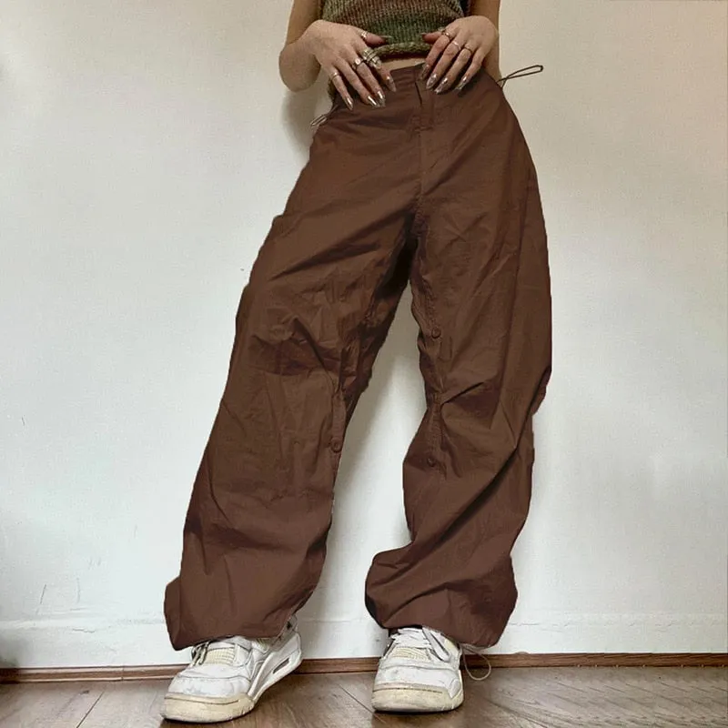 Fashionkova  Pocket Baggy Wide Leg Cargo Pants Women Low Waist Drawstring Sweatpants Joggers Casual Hippie Punk Trousers Harem Pants White