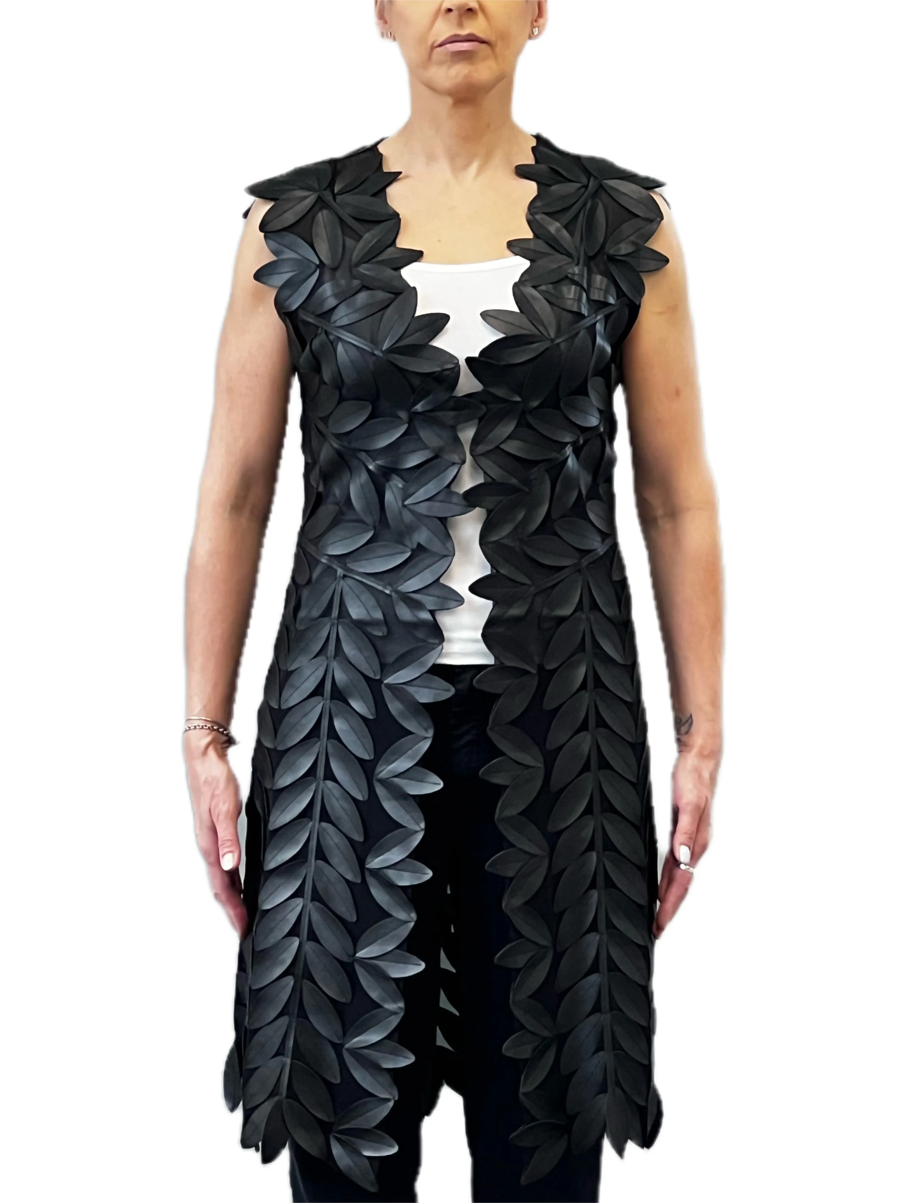 Faux Leather leaves long vest (Black)