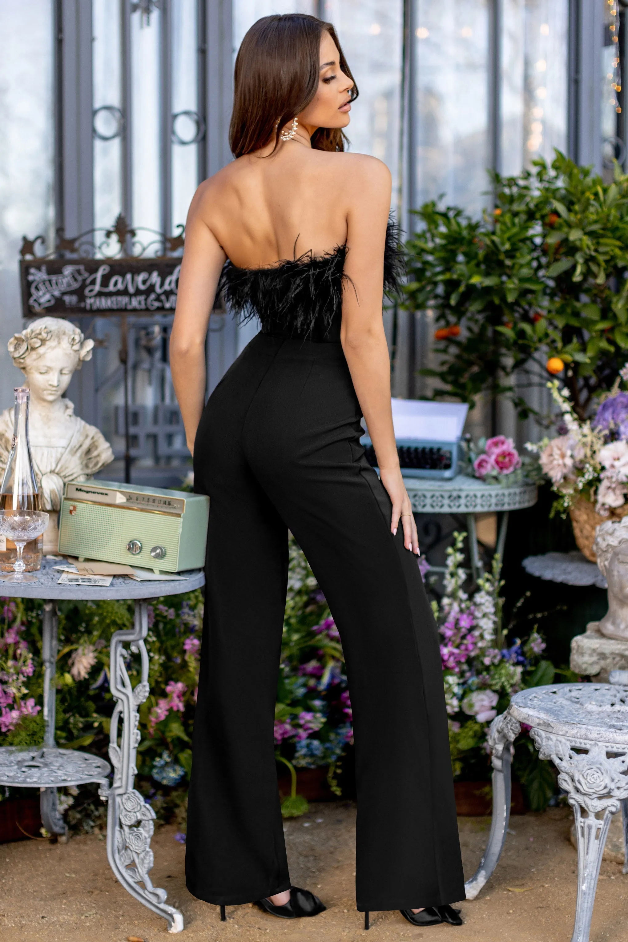 First Class | Petite Black Bandeau Feather Wide Leg jumpsuit