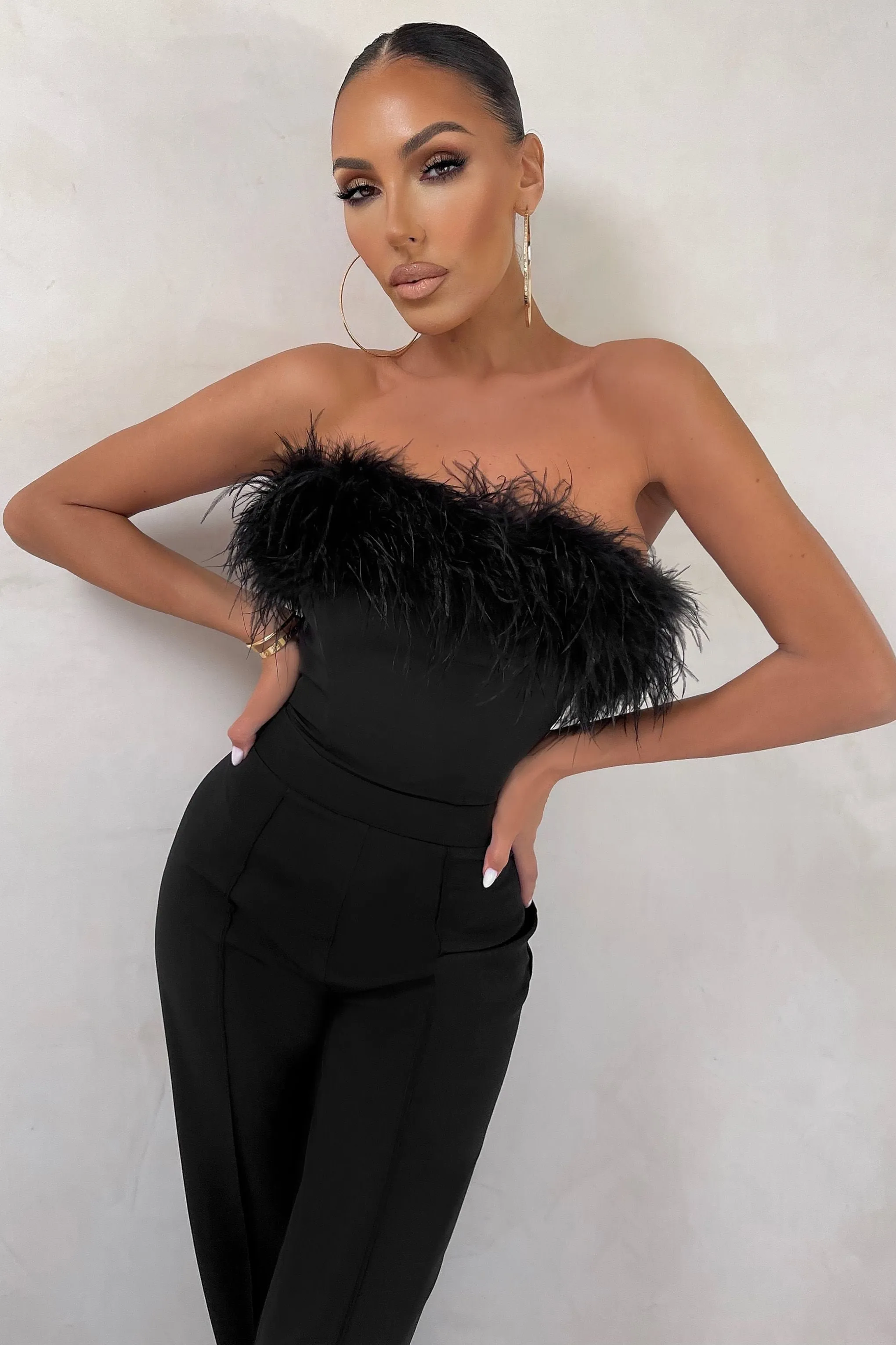 First Class | Petite Black Bandeau Feather Wide Leg jumpsuit