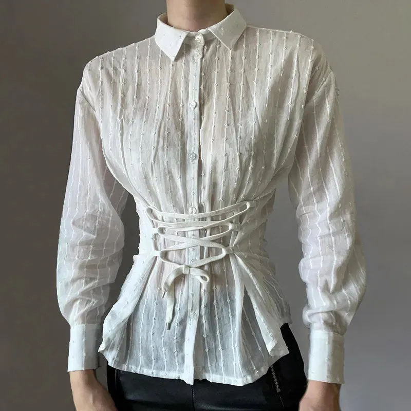 French Chic White Women Blouse Top Long Sleeve Korean Fashion Spring Auutmn Shirt Lace Up Bandage Cardigan Solid