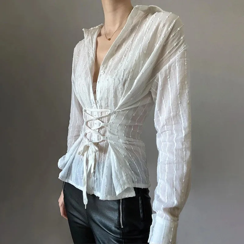 French Chic White Women Blouse Top Long Sleeve Korean Fashion Spring Auutmn Shirt Lace Up Bandage Cardigan Solid