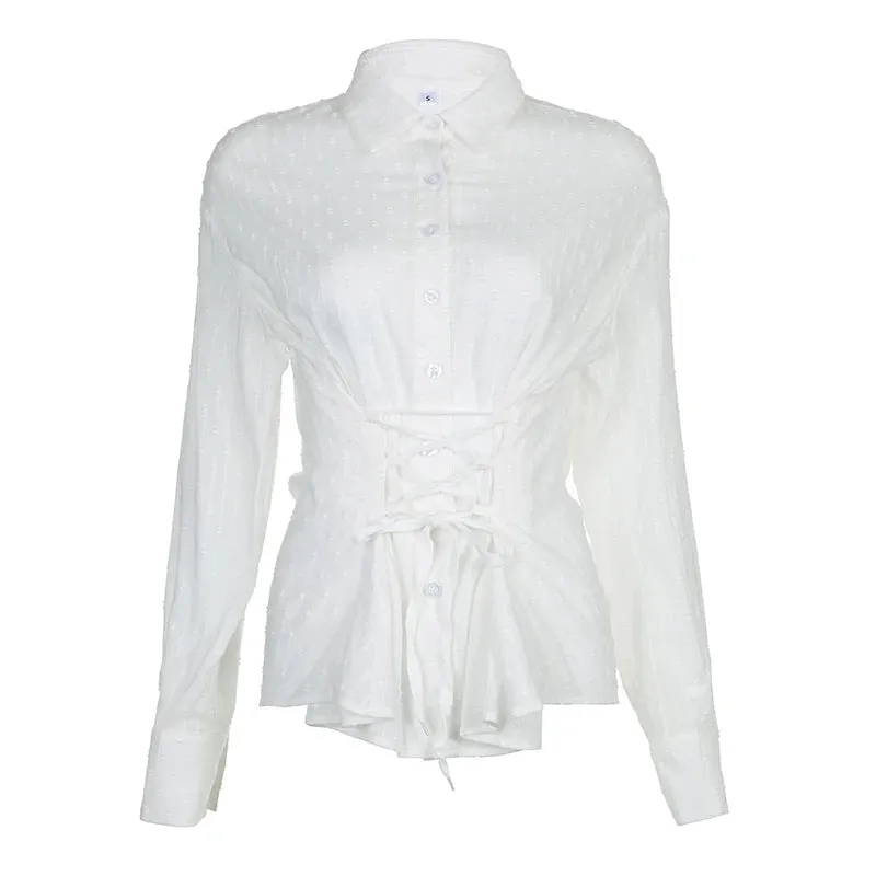 French Chic White Women Blouse Top Long Sleeve Korean Fashion Spring Auutmn Shirt Lace Up Bandage Cardigan Solid