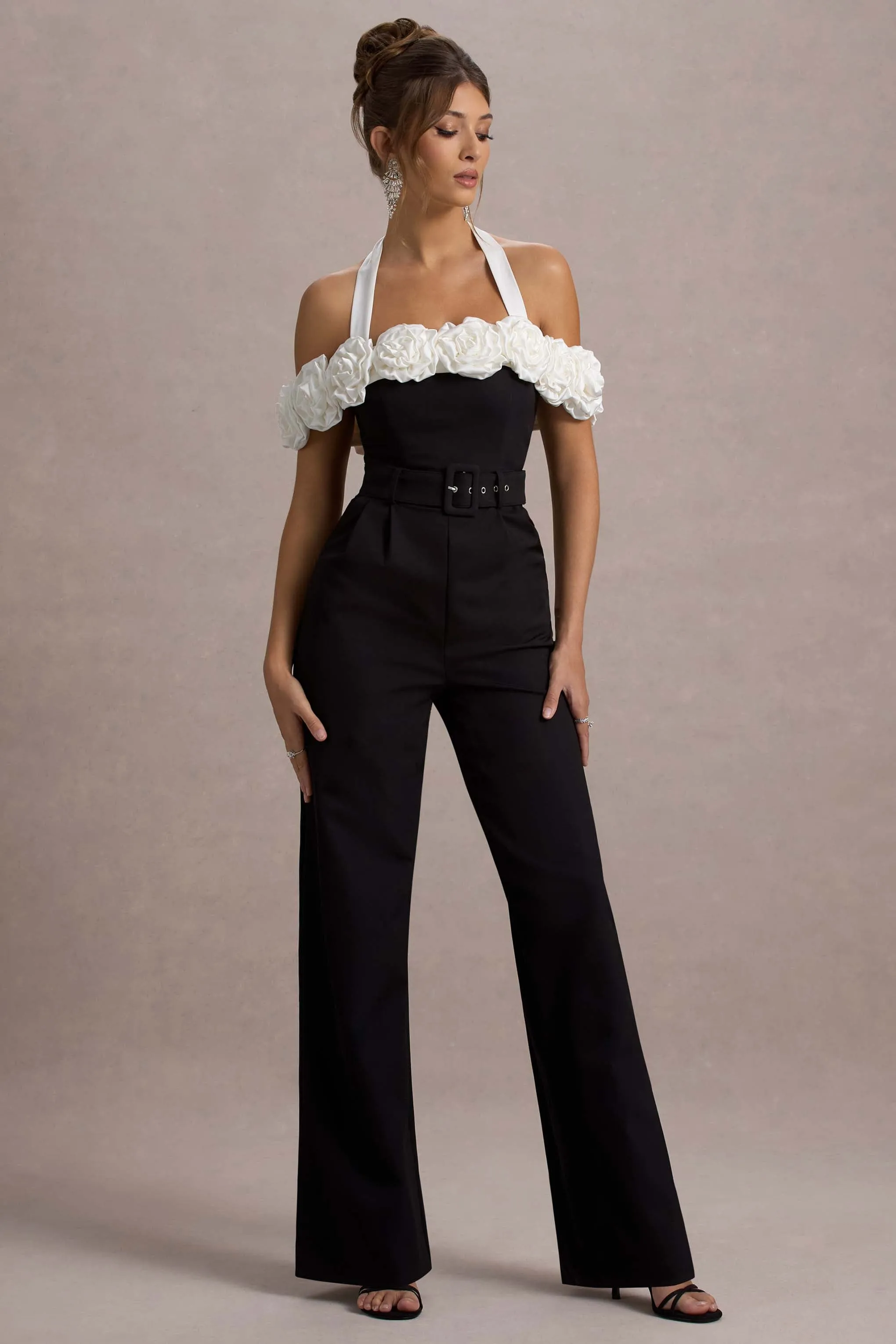 Genny | Black Tailored Wide-Leg Jumpsuit With Flowers