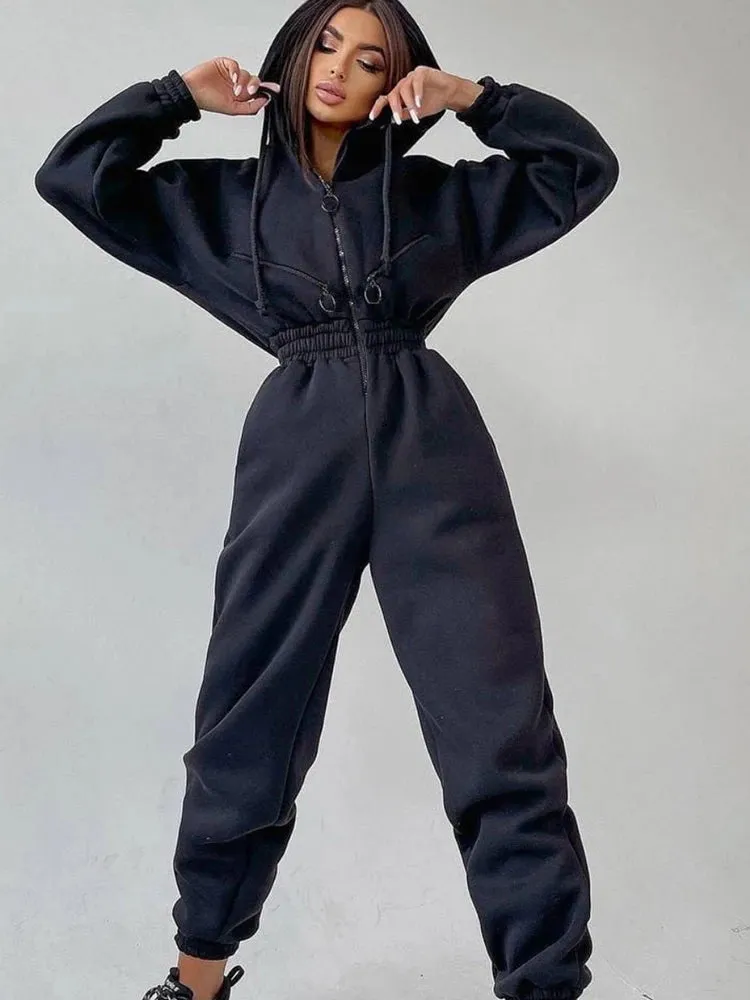 Girlary Autumn Women's Monochrome Long-Sleeved Jumpsuit Solid Color Zip-up Sportswear Female Winter Casual Tracksuit Fashionable Hoodies