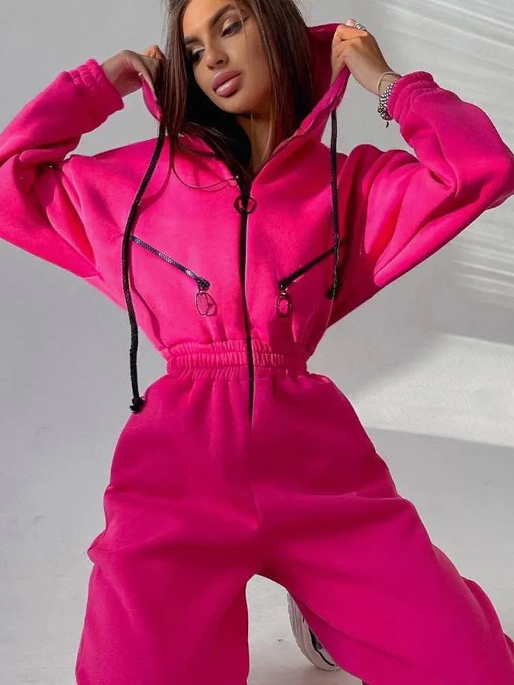 Girlary Autumn Women's Monochrome Long-Sleeved Jumpsuit Solid Color Zip-up Sportswear Female Winter Casual Tracksuit Fashionable Hoodies