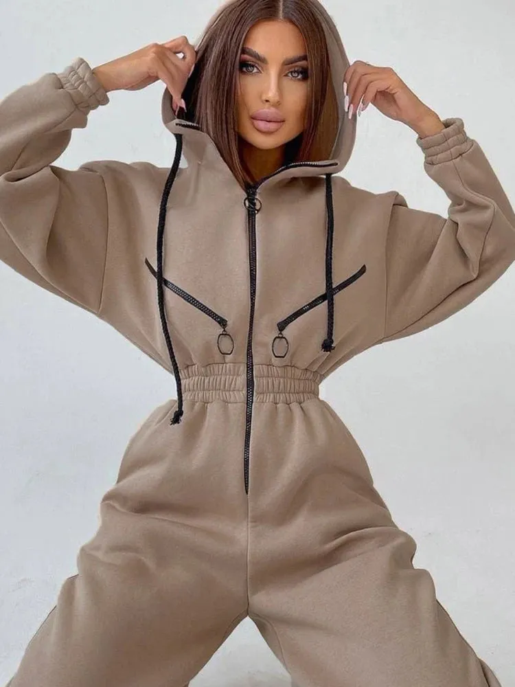 Girlary Autumn Women's Monochrome Long-Sleeved Jumpsuit Solid Color Zip-up Sportswear Female Winter Casual Tracksuit Fashionable Hoodies