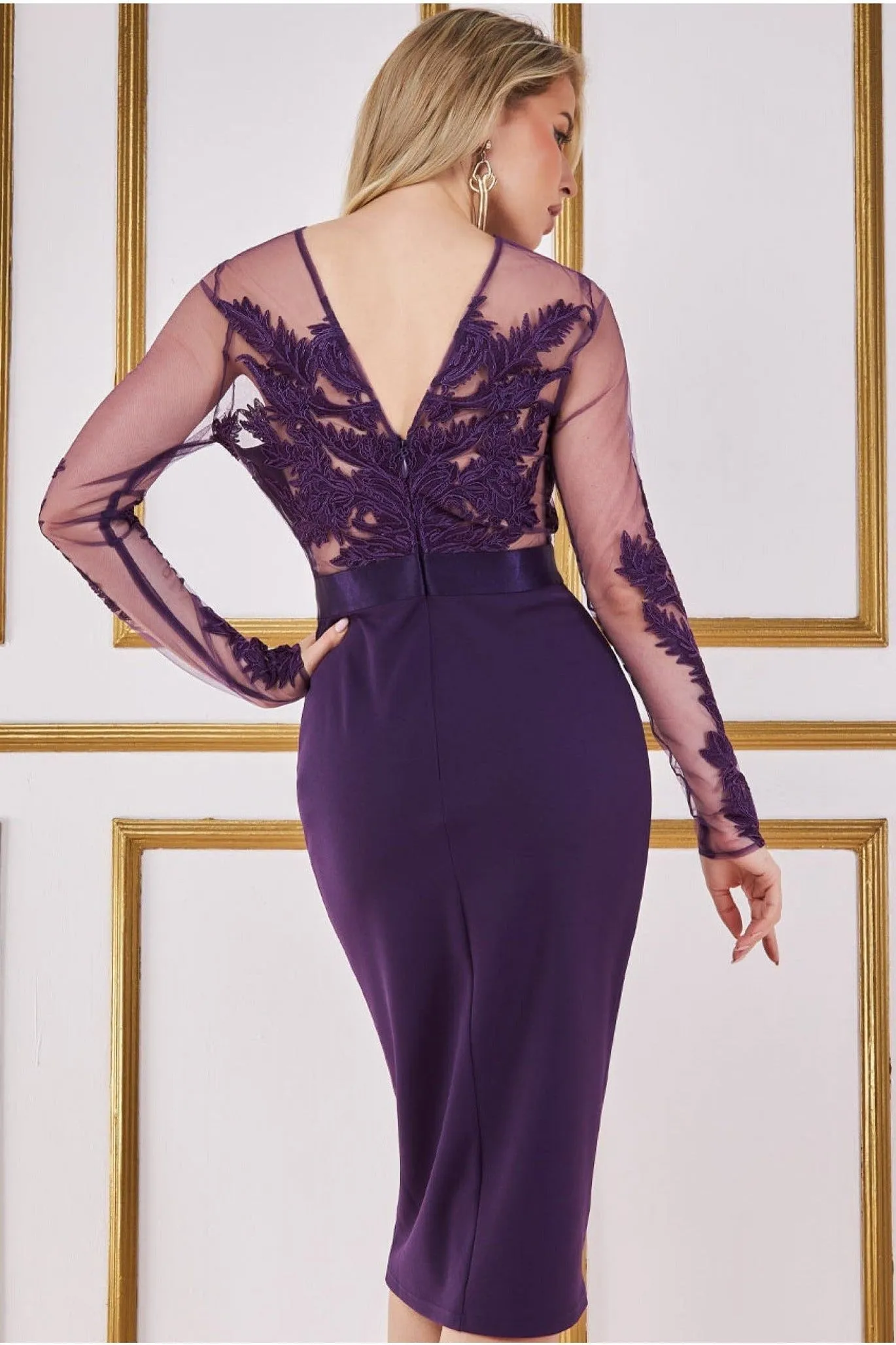 Goddiva Embroidered Mesh & Scuba Midi Dress - Purple