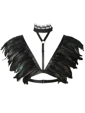 Gothic Punk Costume Accessory Feather Shoulder Wrap Shawl with Lace Collar Choker