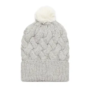 Grey Pom Pom Cable Knit Beanie