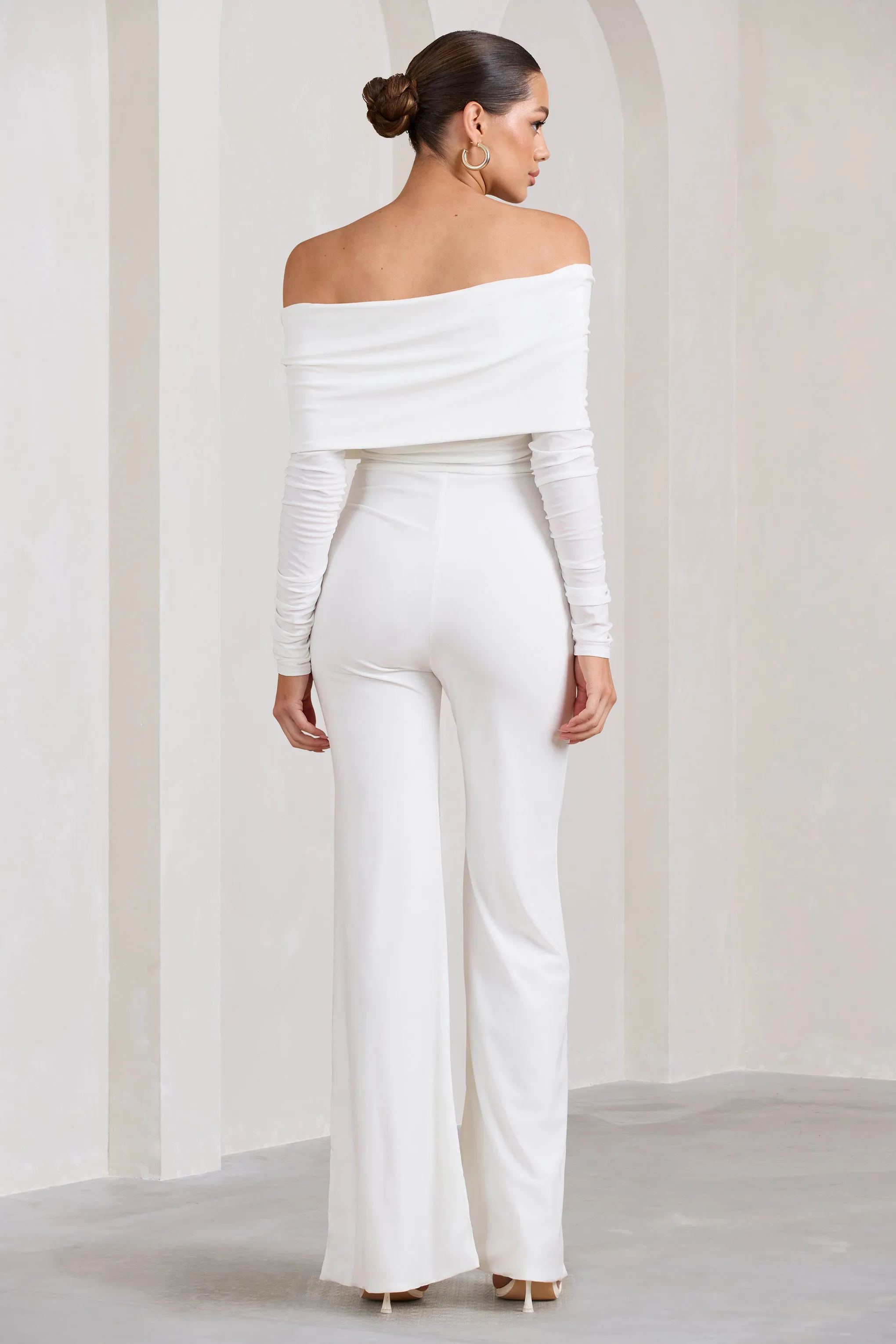 Hand On Heart | White Twist Front Bardot Long Sleeve Jumpsuit