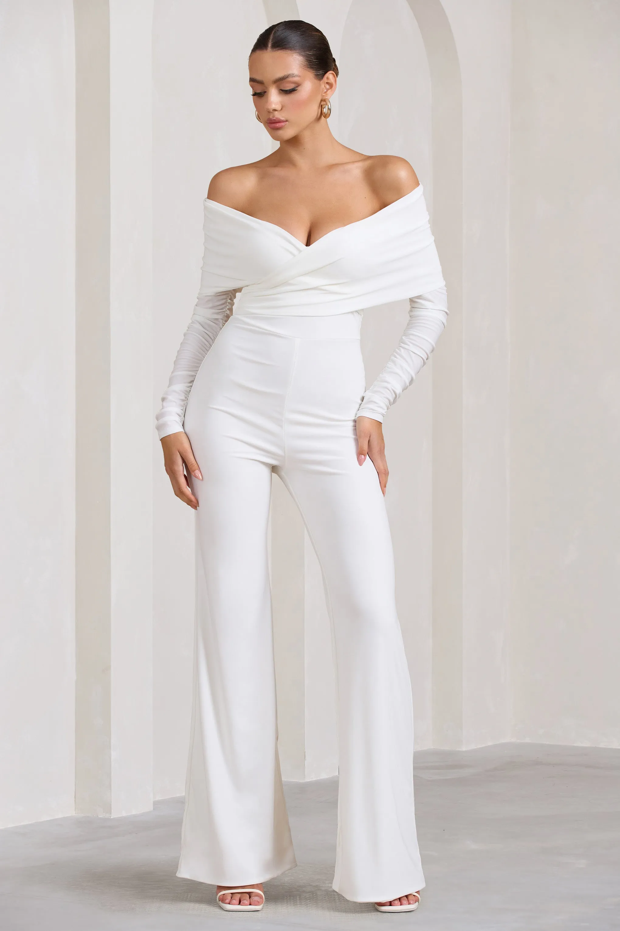 Hand On Heart | White Twist Front Bardot Long Sleeve Jumpsuit