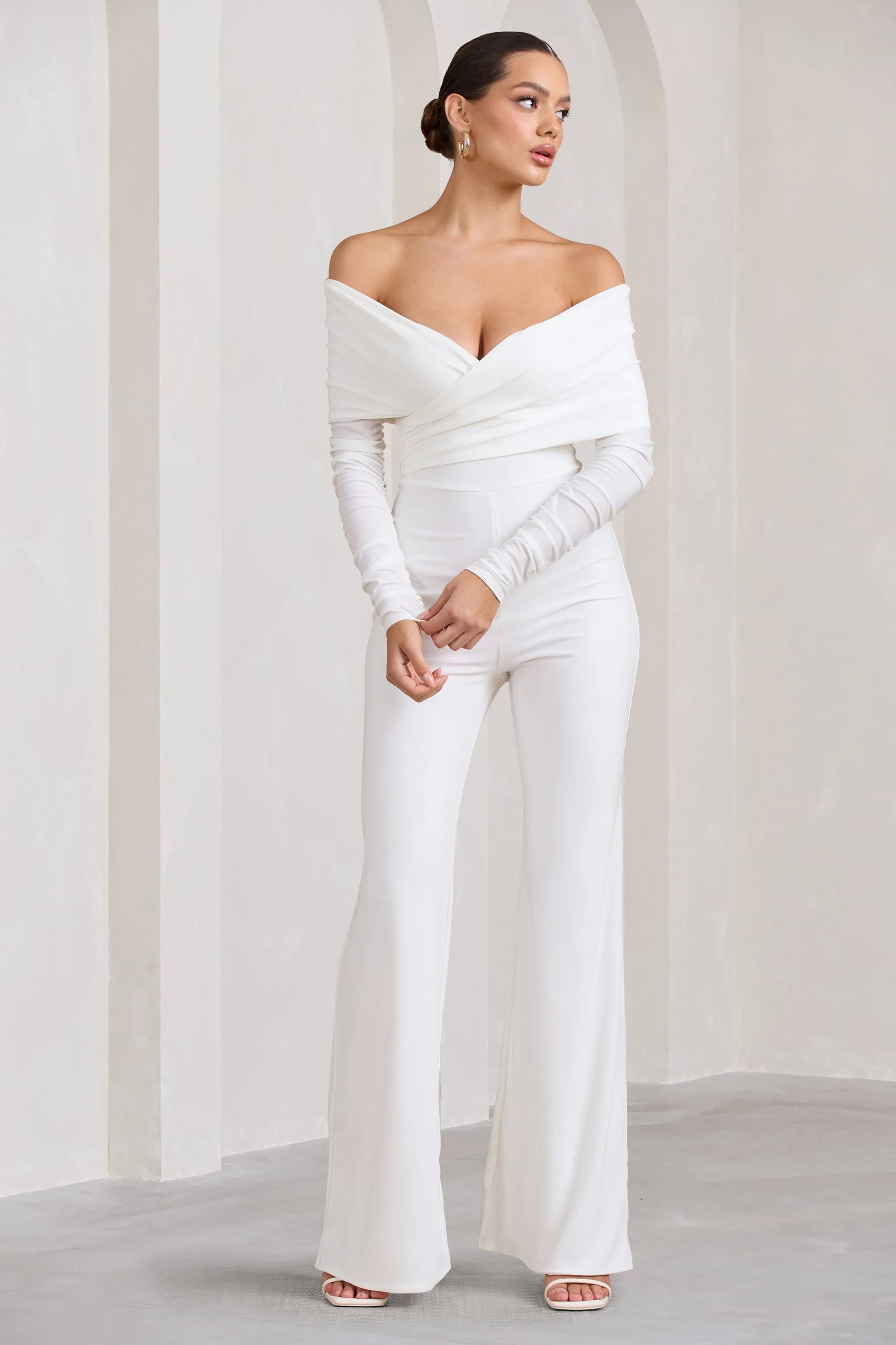 Hand On Heart | White Twist Front Bardot Long Sleeve Jumpsuit