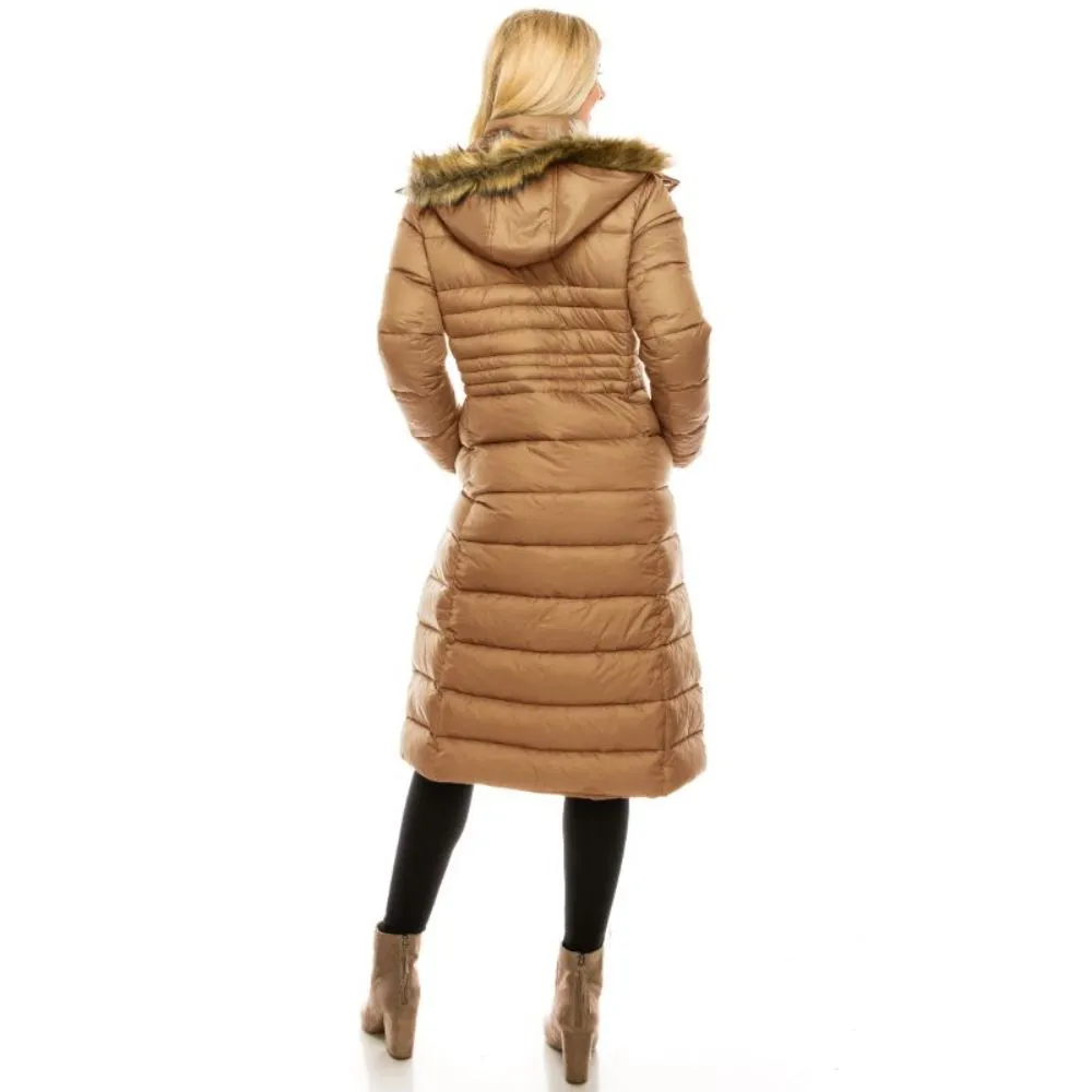 Haute Edition Women's Maxi Length Quilted Puffer with Fur Lined Hood