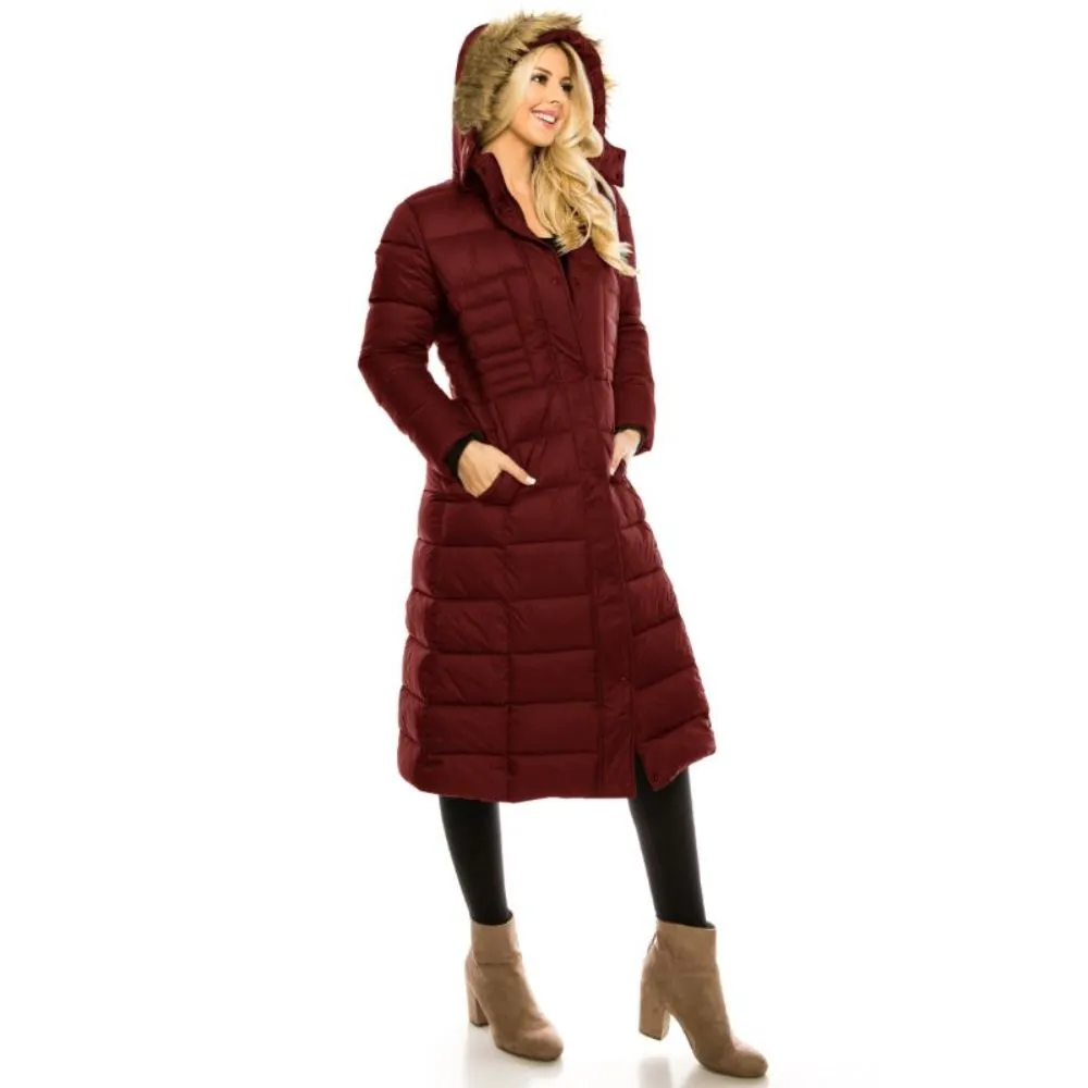 Haute Edition Women's Maxi Length Quilted Puffer with Fur Lined Hood