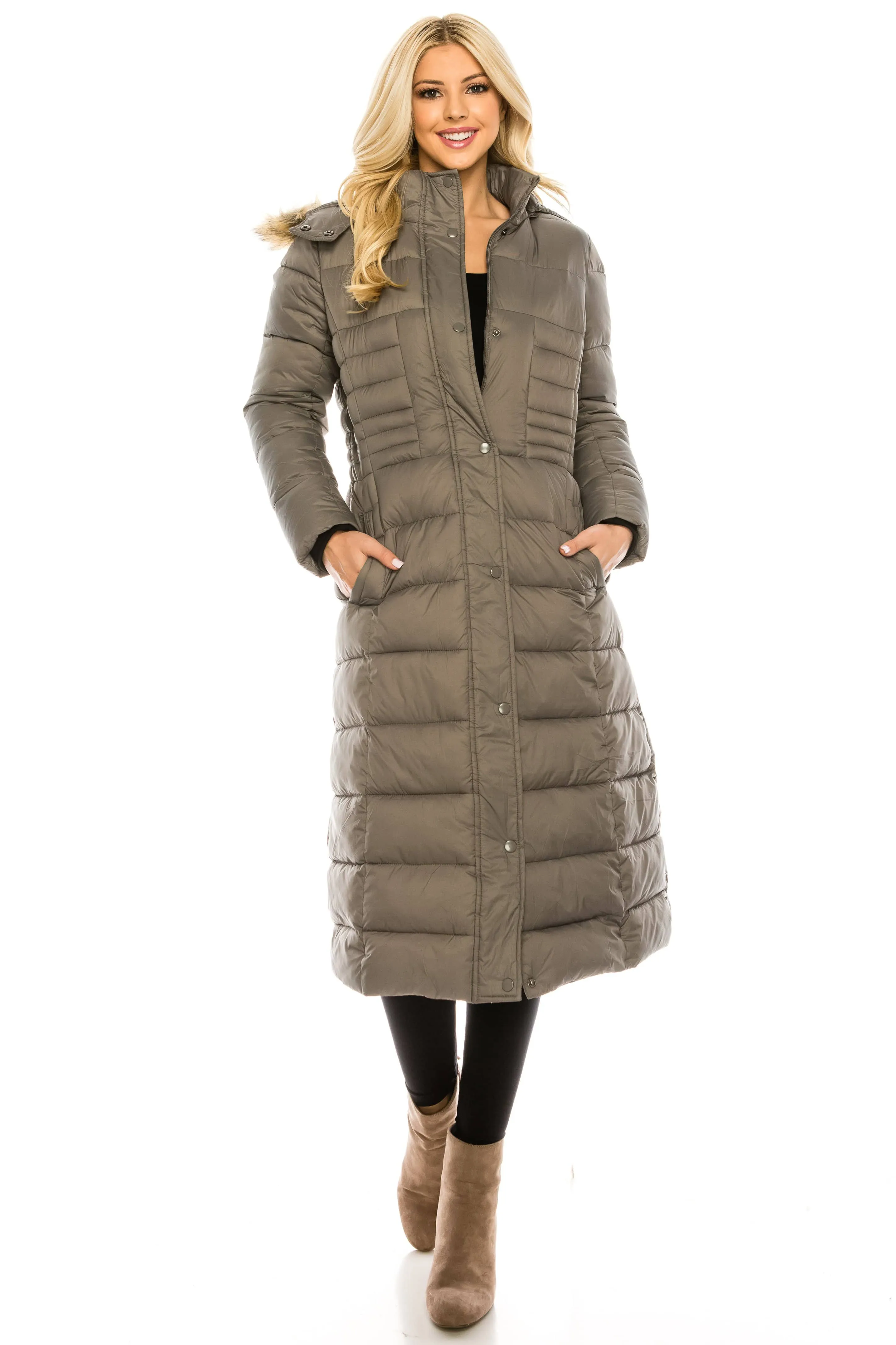 Haute Edition Women's Maxi Length Quilted Puffer with Fur Lined Hood