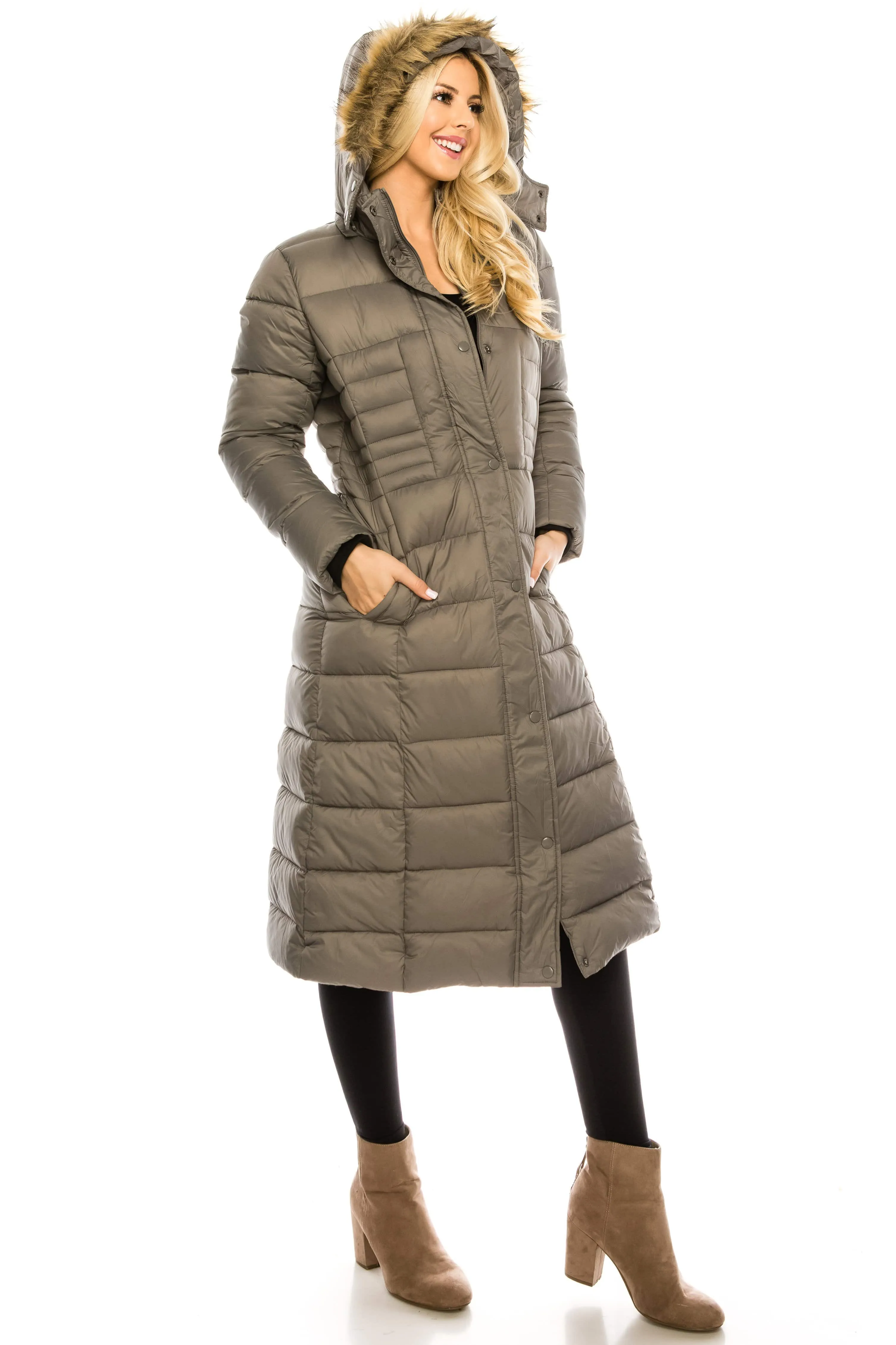 Haute Edition Women's Maxi Length Quilted Puffer with Fur Lined Hood