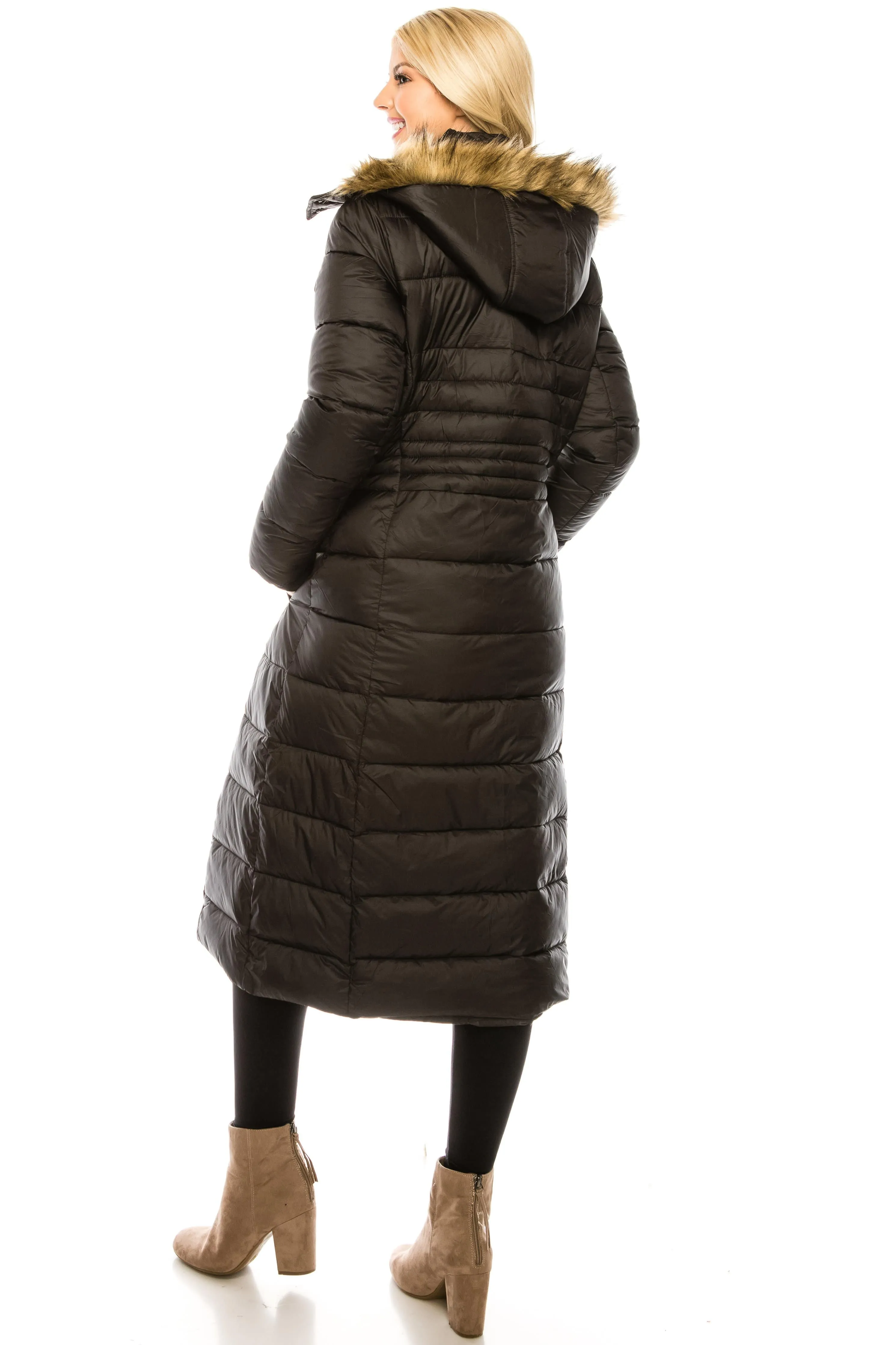 Haute Edition Women's Maxi Length Quilted Puffer with Fur Lined Hood