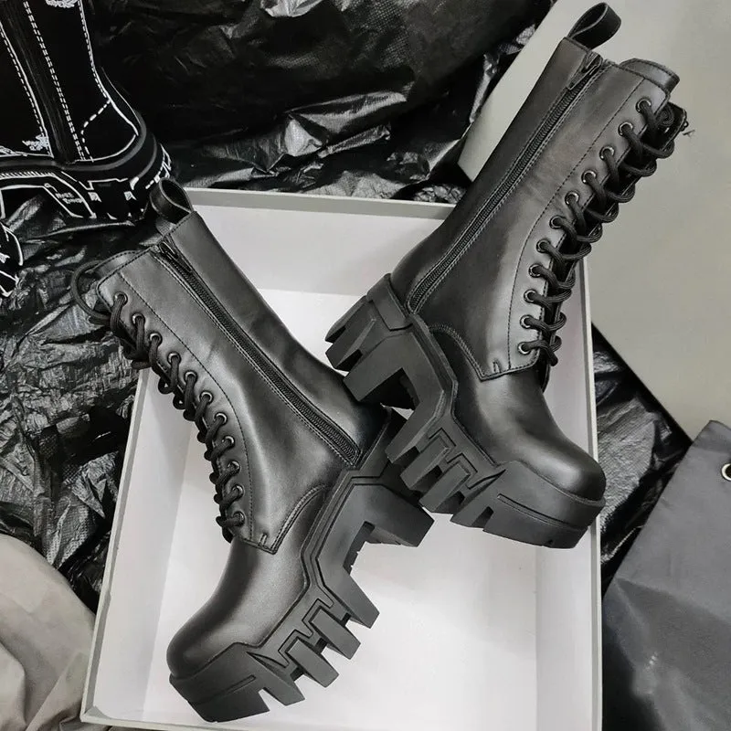 High Heel Martin Boots Women's Casual Platform Lace up Increased Gear Tank Boots Niche Booties Vintage Bulldozer Boots