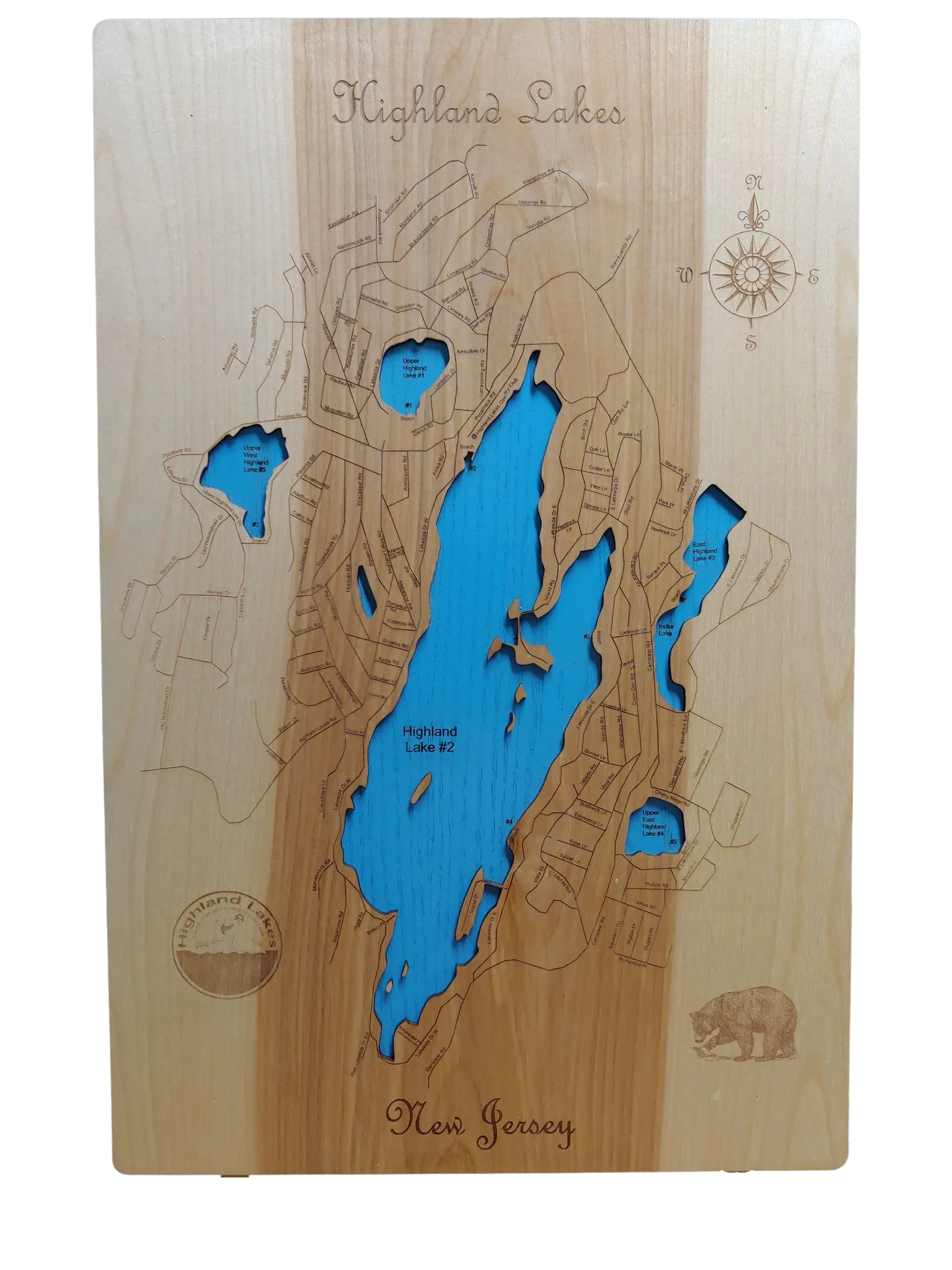 Highland Lakes, NJ - Laser Cut Wood Map