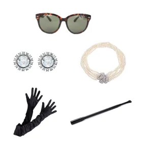 Holly Golightly Halloween Costume 5 Piece Jewelry and Accessories Set Tiara Necklace Earrings Long Satin Gloves Functional Cigarette Holder (Rental)