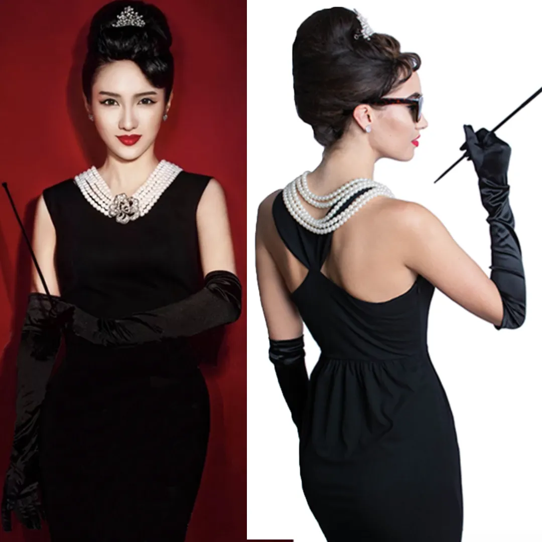 Holly Golightly Halloween Costume 6 Piece Jewelry and Accessories Set Tiara Necklace Earrings Long Satin Gloves Functional Cigarette Holder Sunglasses