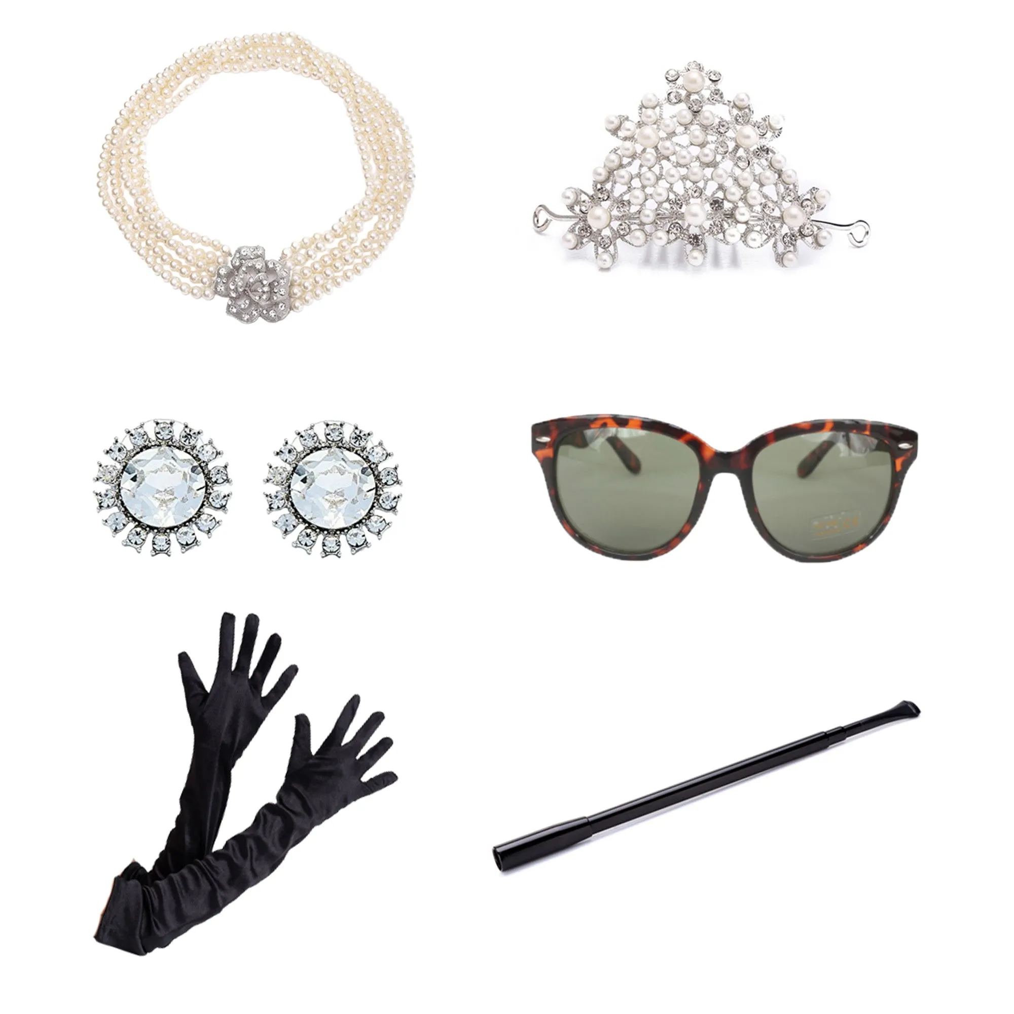 Holly Golightly Halloween Costume 6 Piece Jewelry and Accessories Set Tiara Necklace Earrings Long Satin Gloves Functional Cigarette Holder Sunglasses