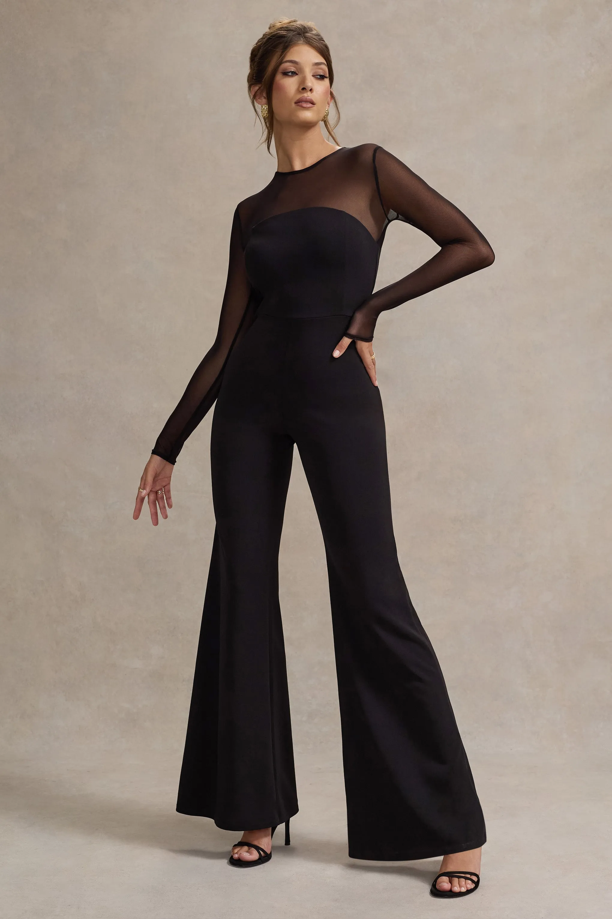 Iggy | Black Flared-Leg Jumpsuit With Mesh Sleeves