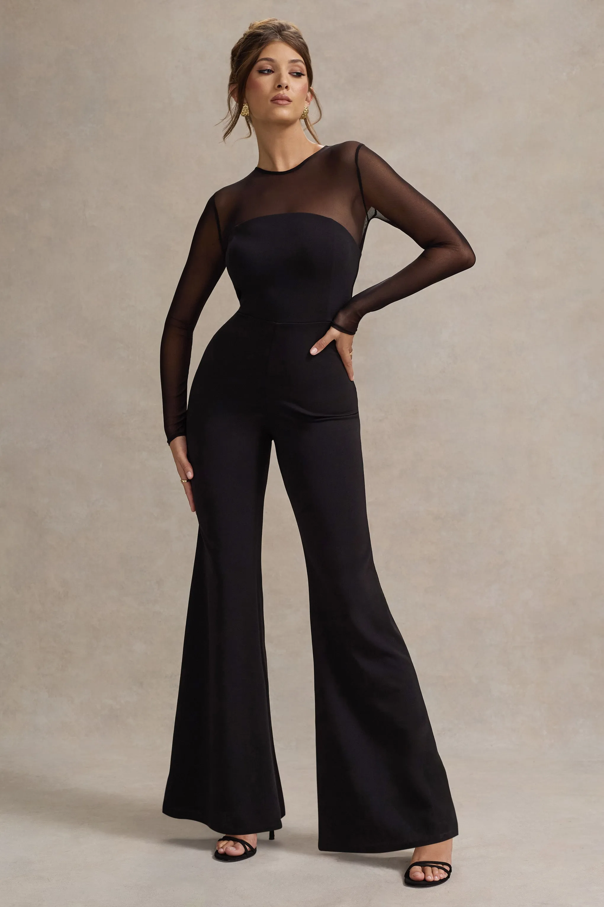 Iggy | Black Flared-Leg Jumpsuit With Mesh Sleeves