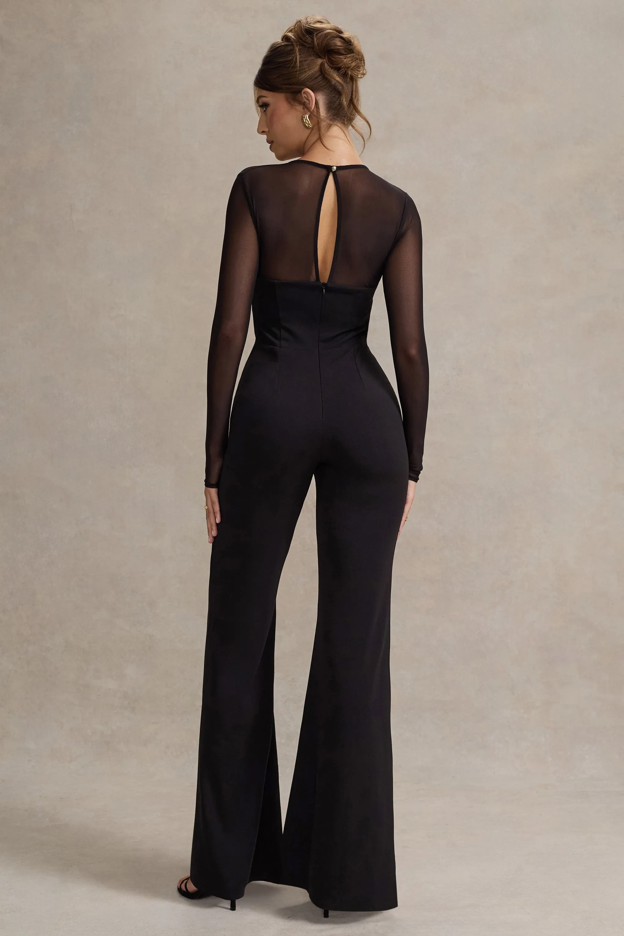 Iggy | Black Flared-Leg Jumpsuit With Mesh Sleeves