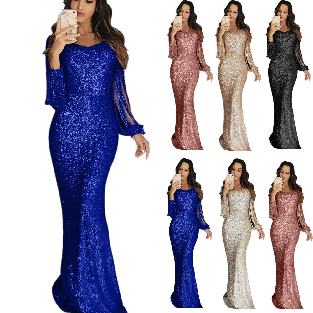 IKEARLAX  2022  Wish  Women's  Cross Border Long Dress Evening Gown Long Sleeve Tassel Dinner Party Dress