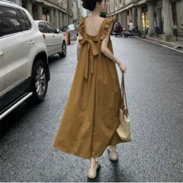 IKEARLAX  Bow Lace-up Backless Dress Seaside Skirt Women's  Style Temperament Square Collar Flying Sleeve Dress Vacation Style Long Skirt