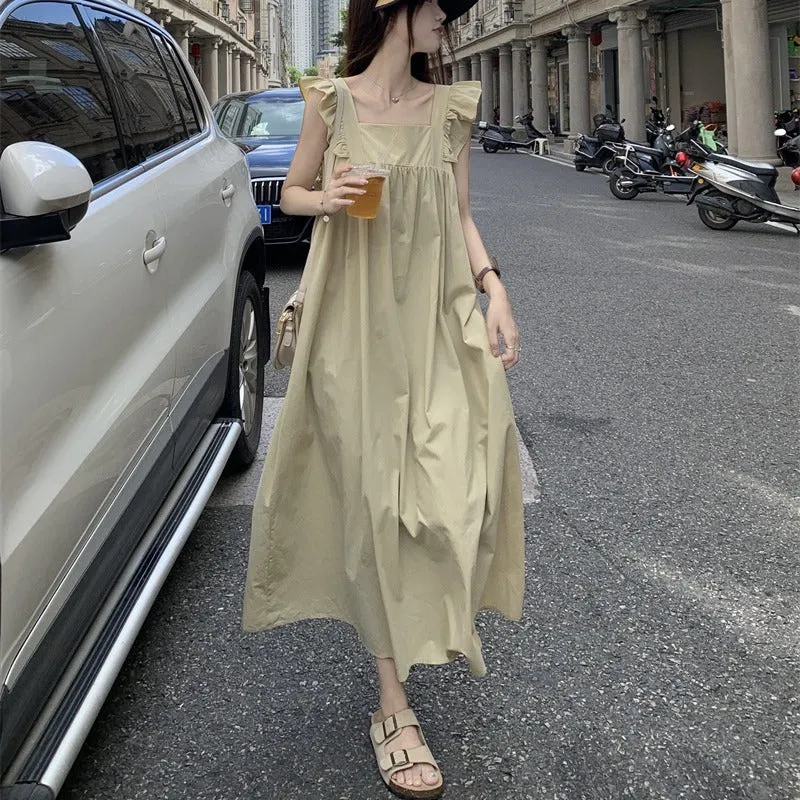 IKEARLAX  Bow Lace-up Backless Dress Seaside Skirt Women's  Style Temperament Square Collar Flying Sleeve Dress Vacation Style Long Skirt