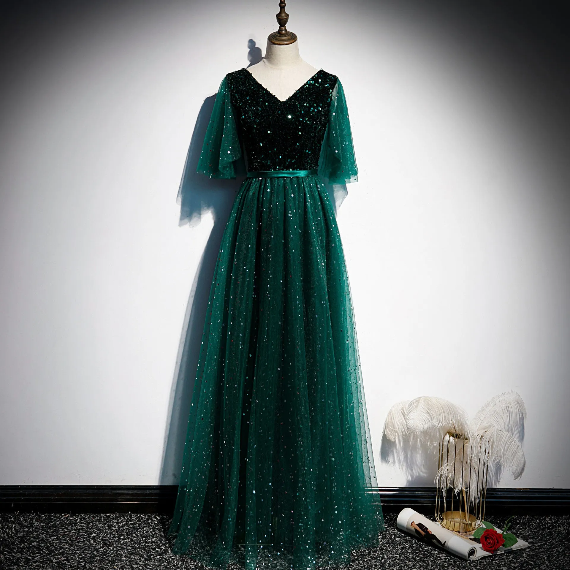 IKEARLAX  Choir Performance Costume Female Adult Chorus Competition Clothing Dark Green Host Temperament Elegant Dress Dress