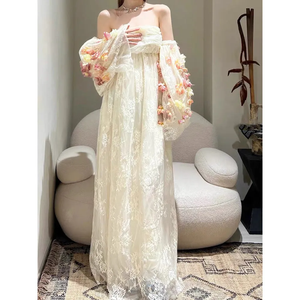 IKEARLAX  Direct Supply Nanyou in Stock  New Super Fairy Flowers Puff Sleeve Tube Top Dress High-End Mesh Lace Dress