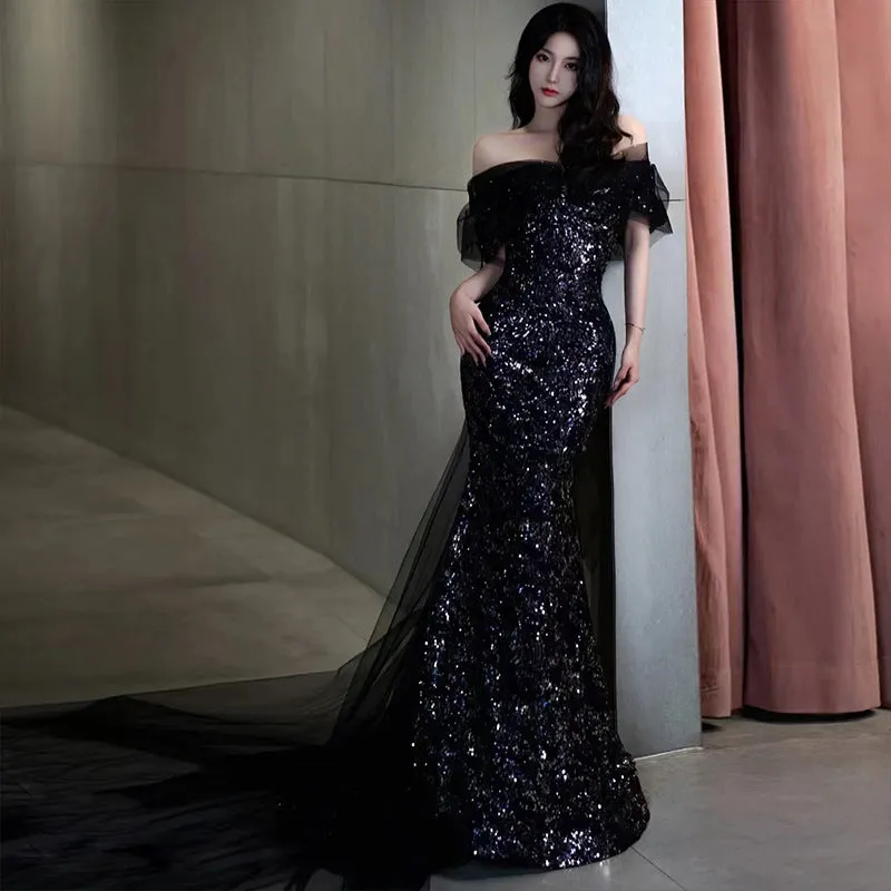 IKEARLAX  Fishtail Banquet Evening Dress  New  Entry Lux Niche Temperament Catwalk Performance Costumes off-the-Shoulder Gown Black