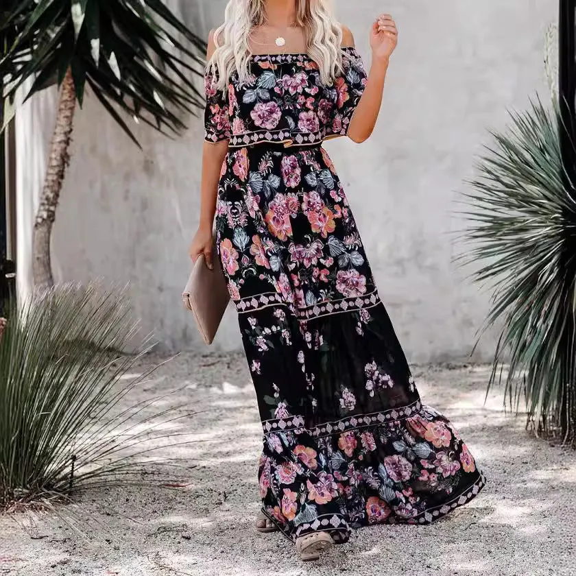 ikearlax In Stock!  Summer HOTan and NEWn Foreign Trade  Wish New off-Shoulder Printing Long Large Hem Dress