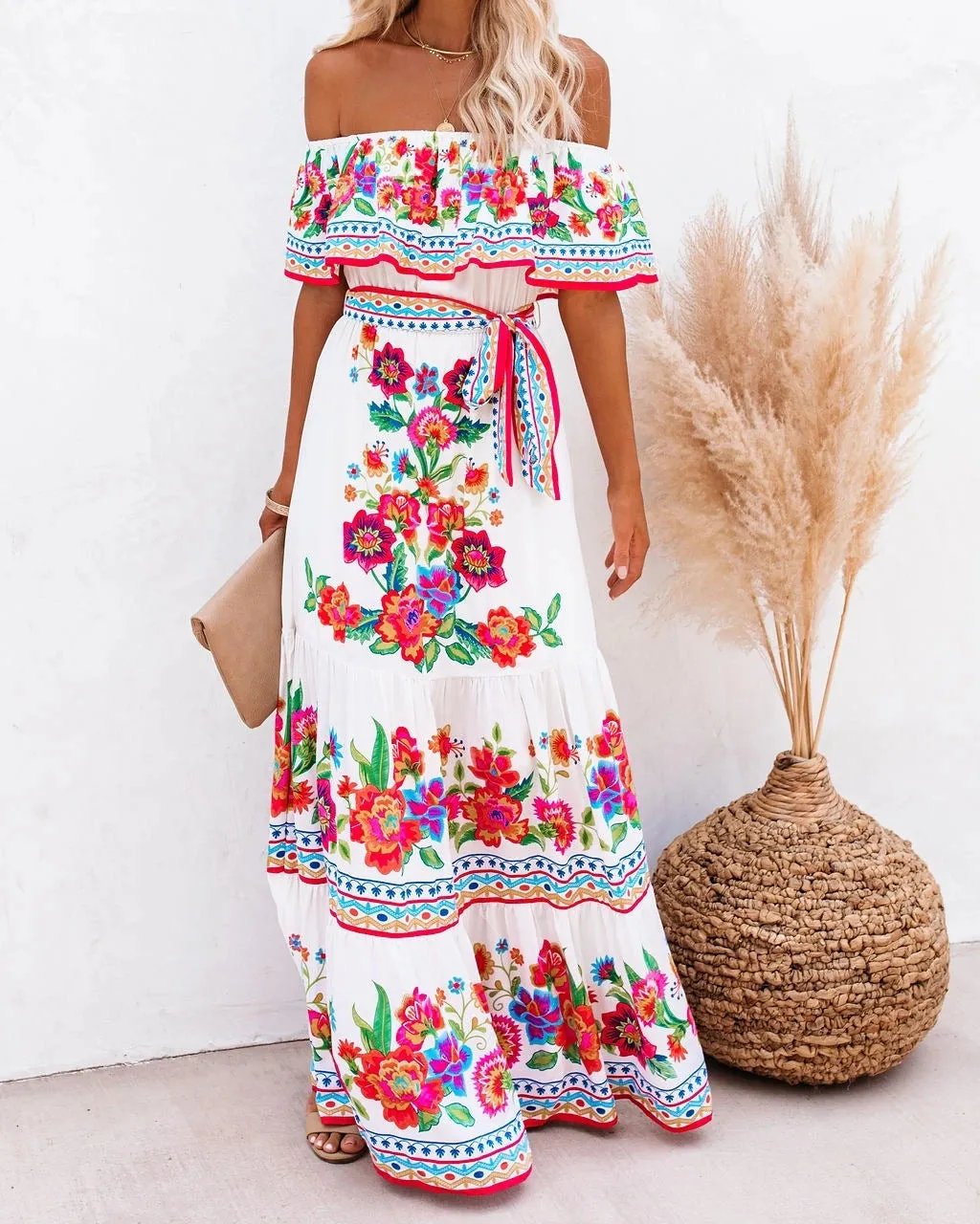 ikearlax In Stock!  Summer HOTan and NEWn Foreign Trade  Wish New off-Shoulder Printing Long Large Hem Dress