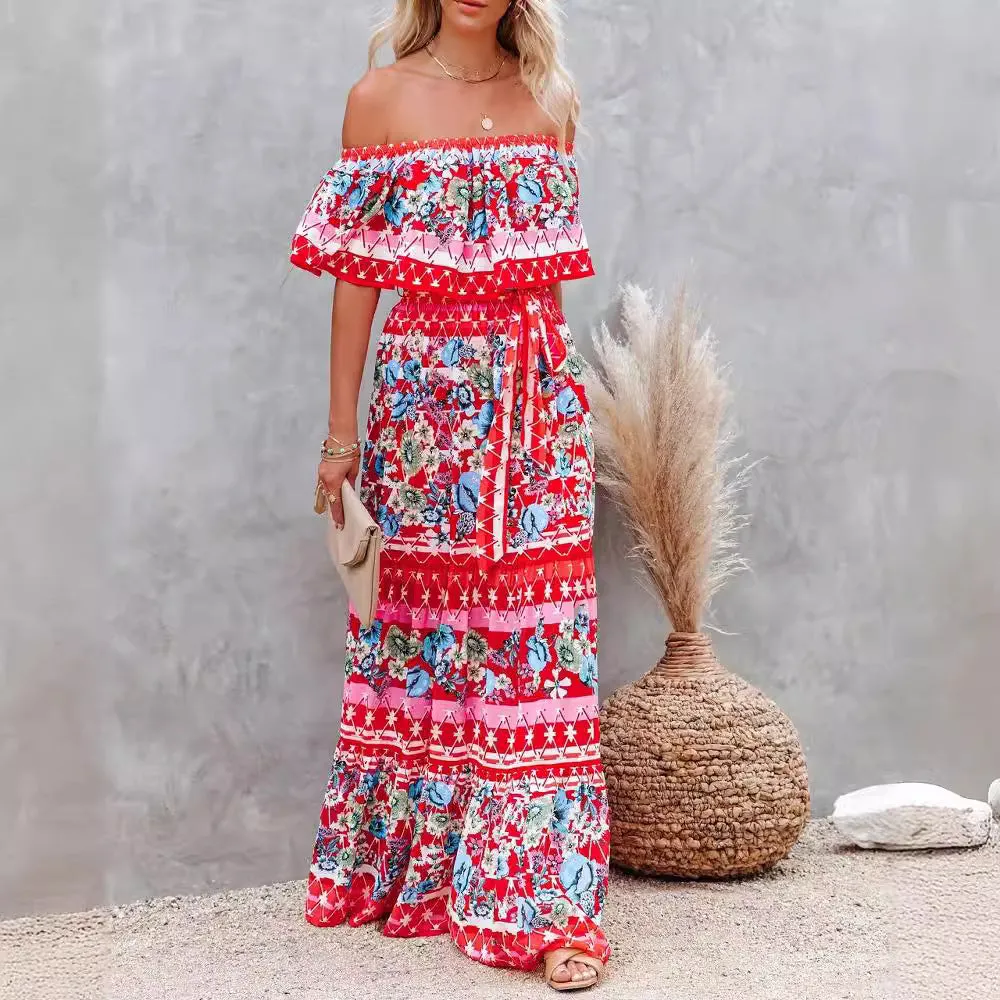 ikearlax In Stock!  Summer HOTan and NEWn Foreign Trade  Wish New off-Shoulder Printing Long Large Hem Dress