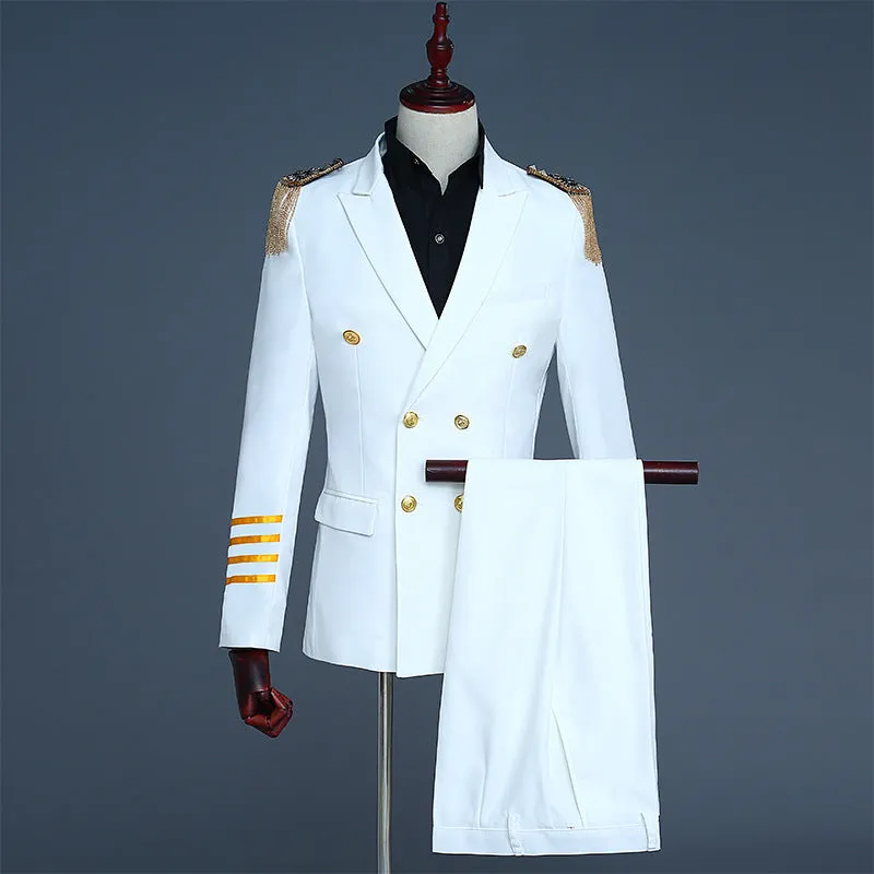 IKEARLAX  Men's Captain Suit Suit Double Breasted Suit Evening Party Tassel Epaulet Military Uniform Performance Suit Photo Studio Photography Dress