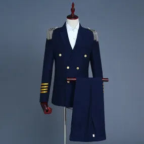 IKEARLAX  Men's Captain Suit Suit Double Breasted Suit Evening Party Tassel Epaulet Military Uniform Performance Suit Photo Studio Photography Dress