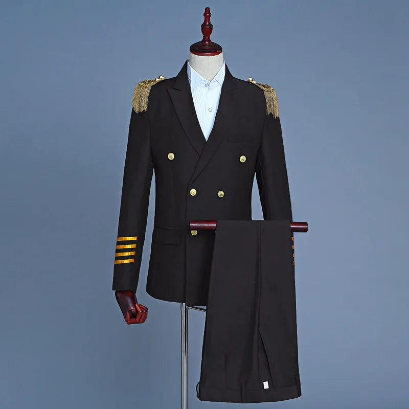 IKEARLAX  Men's Captain Suit Suit Double Breasted Suit Evening Party Tassel Epaulet Military Uniform Performance Suit Photo Studio Photography Dress